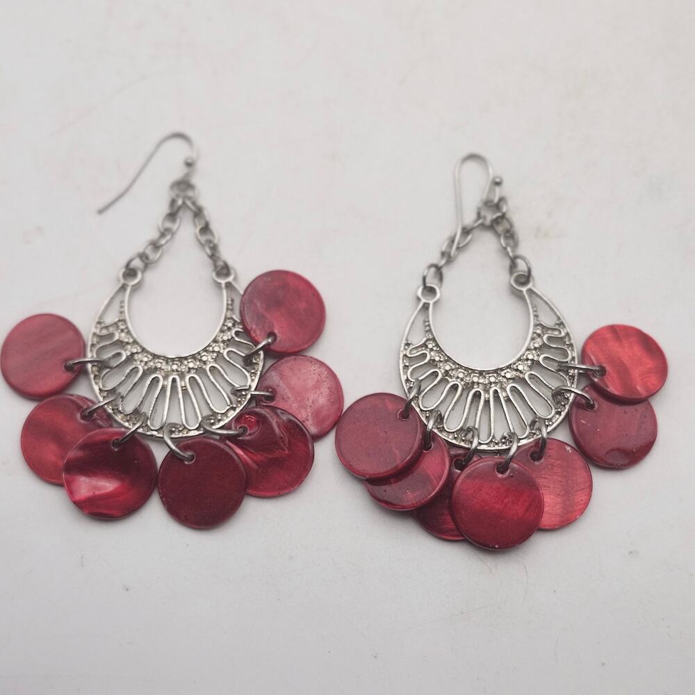 Silver Tone Chandelier Earrings Burgundy Shell Disc Dangle Boho Fish Hook Pair